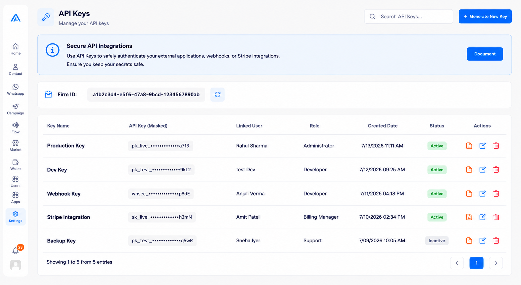 API Keys Dashboard Screenshot